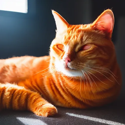 Image similar to realistic orange tabby cat lying in a sunbeam, the cat is next to a pile of D&D polyhedral dice, the cat is sleeping with closed eyes, eyes closed, award-winning photography, cozy, golden hour