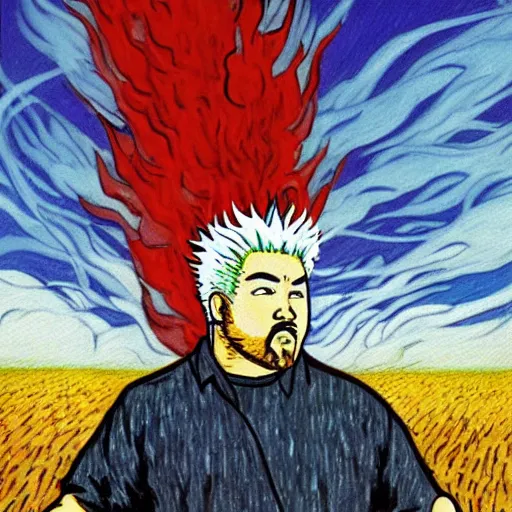 Image similar to sad ominous painting of guy fieri sitting in a field at night, in the style of studio ghibli and moebius and claude monet and vincent van gogh