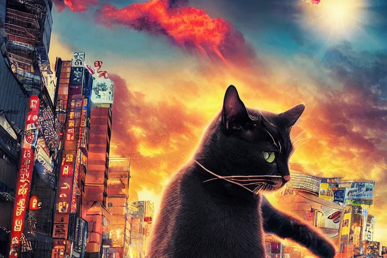 Image similar to cat attacking Tokyo, disaster movie poster, masterpiece, masterwork, cgstudio