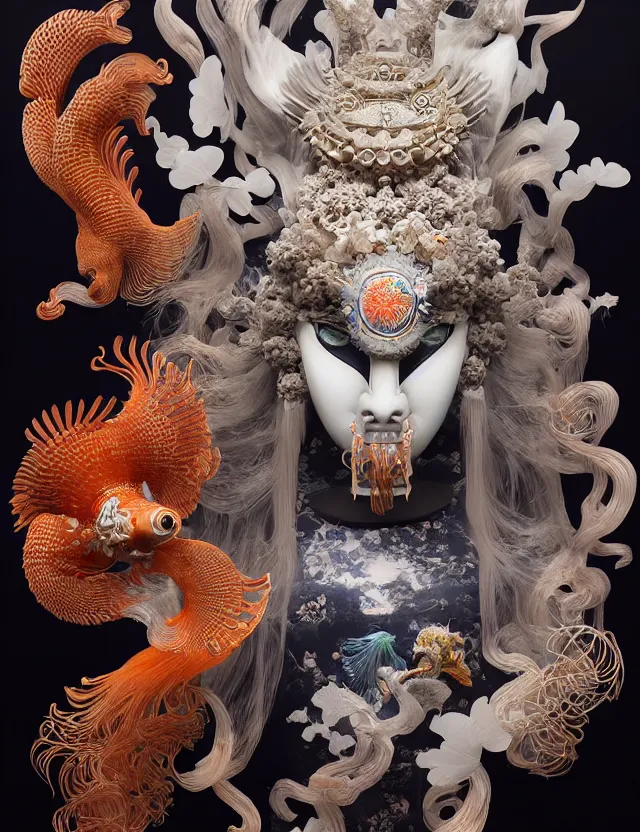 Image similar to 3 d goddess bottom - up with ram skull. beautiful intricately detailed japanese crow kitsune mask and clasical japanese kimono. betta fish, jellyfish phoenix, bio luminescent, plasma, ice, water, wind, creature, artwork by tooth wu and wlop and beeple and greg rutkowski