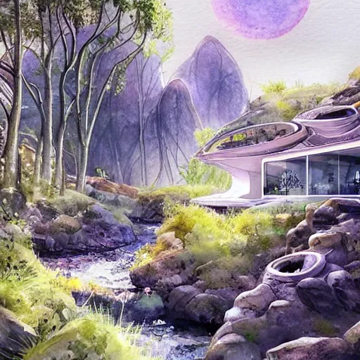 Image similar to beautiful happy picturesque charming sci - fi organic pod - like homes of the future in a beautiful natural scene. water, trees and rocks. beautiful light. soft colour scheme. beautiful artistic detailed watercolor by lurid. ( 2 0 2 2 )