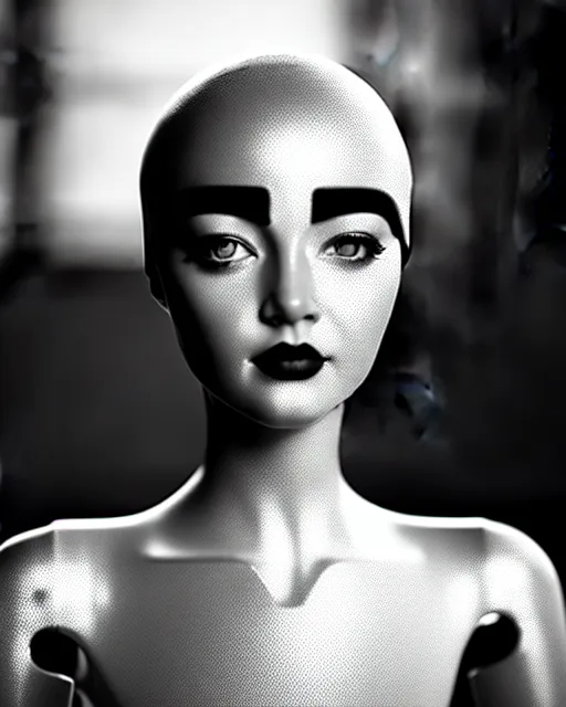 Image similar to black and white dreamy young beautiful female artificial intelligence, metropolis, cinematic, rim light, bokeh, photo - realistic, elegant, high detail, 8 k, masterpiece, photo taken in 1 9 3 0