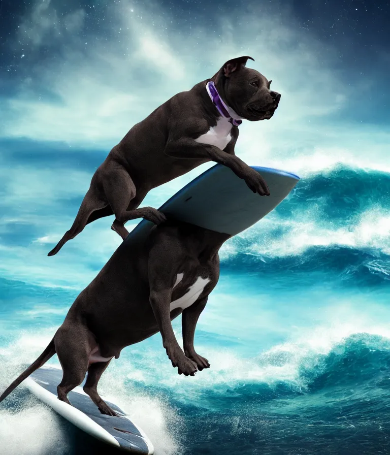 Image similar to photo of a dark gray coat pit bull with a white paws and a white nose!, surfing on a surfboard in a crashing wave of alien galaxy, trending on art station, ocean in space, background is an alien galaxy, aliens in the background, alien colors, octane render, unreal engine, wide view, 8 k, highly detailed