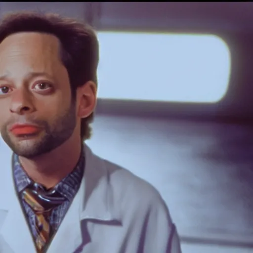 Image similar to film still of Nick Kroll as Dr Seth Brundle in The Fly 1986