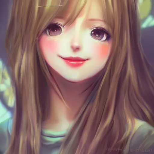 Image similar to cute girl smiling blushing kawaii lovely art drawn in art style of WLOP full HD 4K highest quality realistic beautiful gorgeous natural WLOP artist painting