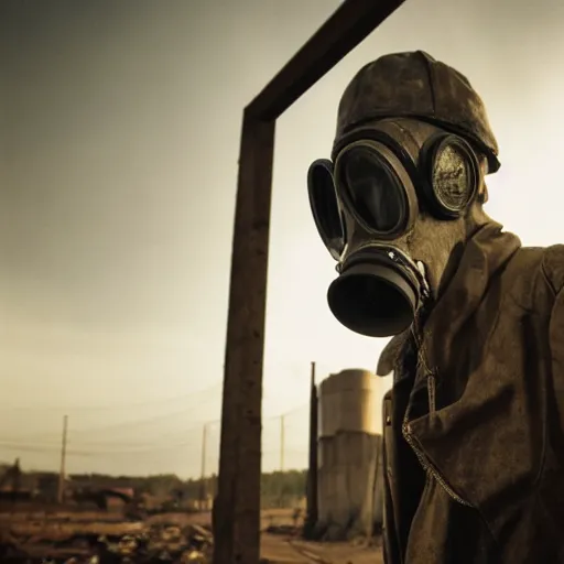 Prompt: film still of a man wearing post apocalyptic clothes and a gas mask inside a rusty factory, low angle dramatic