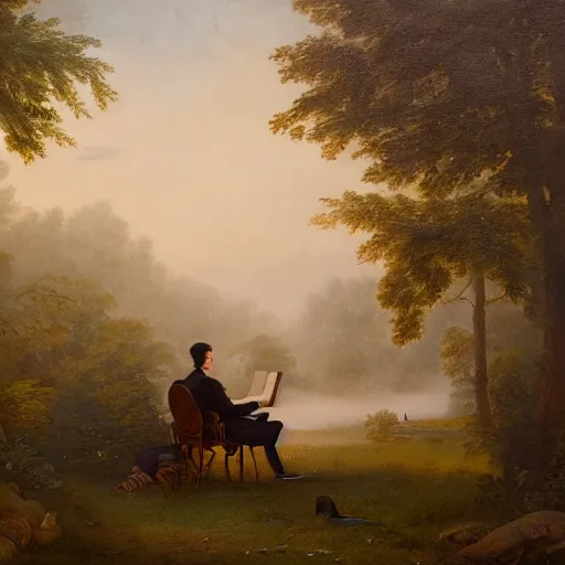 Prompt: an impressively euphoric 1 8 0 0 s romanticism - inspired oil painting depicting a man playing a piano underneath a foggy tree line at dawn inspired by liberty leading the people