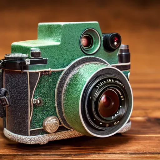 Image similar to photograph of a Yoda inspired medium format TLR camera!!! . very detailed. plain background. 8K . still life photo. elegant vintage design.