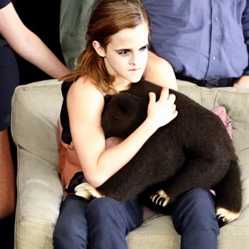 Image similar to emma watson putting a bear in a sleeper hold