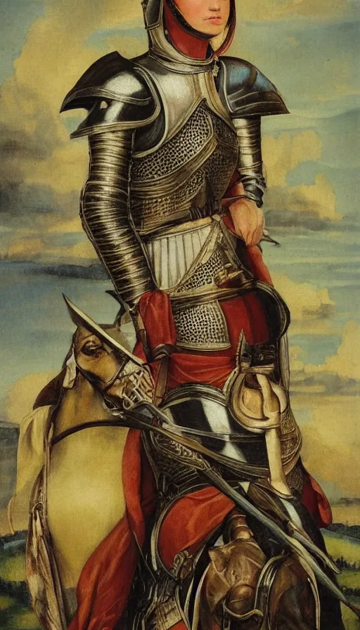 Image similar to beautiful female knight,oil painting in renaissance style,very detailed