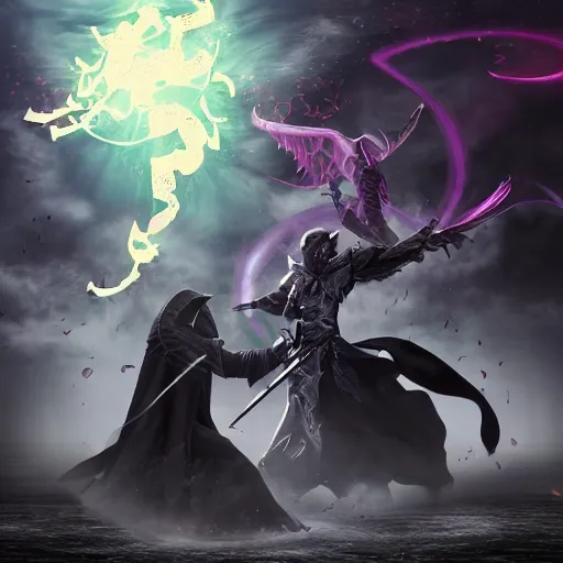 Image similar to the dark Lord having a battle with his master the grand sorcer, Digital art