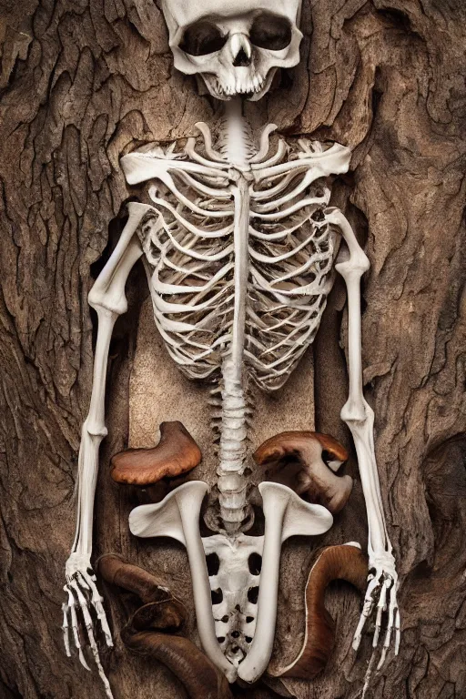 Image similar to A beautiful jacket carved out of dead wood with lichen and mushrooms, on a skeleton. High quality, high resolution, studio lighting