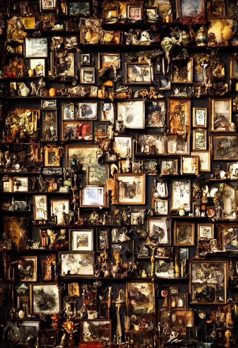 Image similar to full color desktop wunderkammer, small dark corner, archway, close up, zoomed in, taxidermy, deep shadows, dutch angle, dramatic lighting, gloomy, moody, creepy