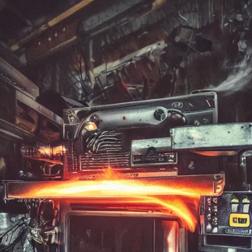 Image similar to cyborg toaster oven repairman, dark messy smoke - filled cluttered workshop, dark, dramatic lighting, orange tint, sparks, plasma rays, cinematic, highly detailed, sci - fi, futuristic, movie still, rule of thirds composition