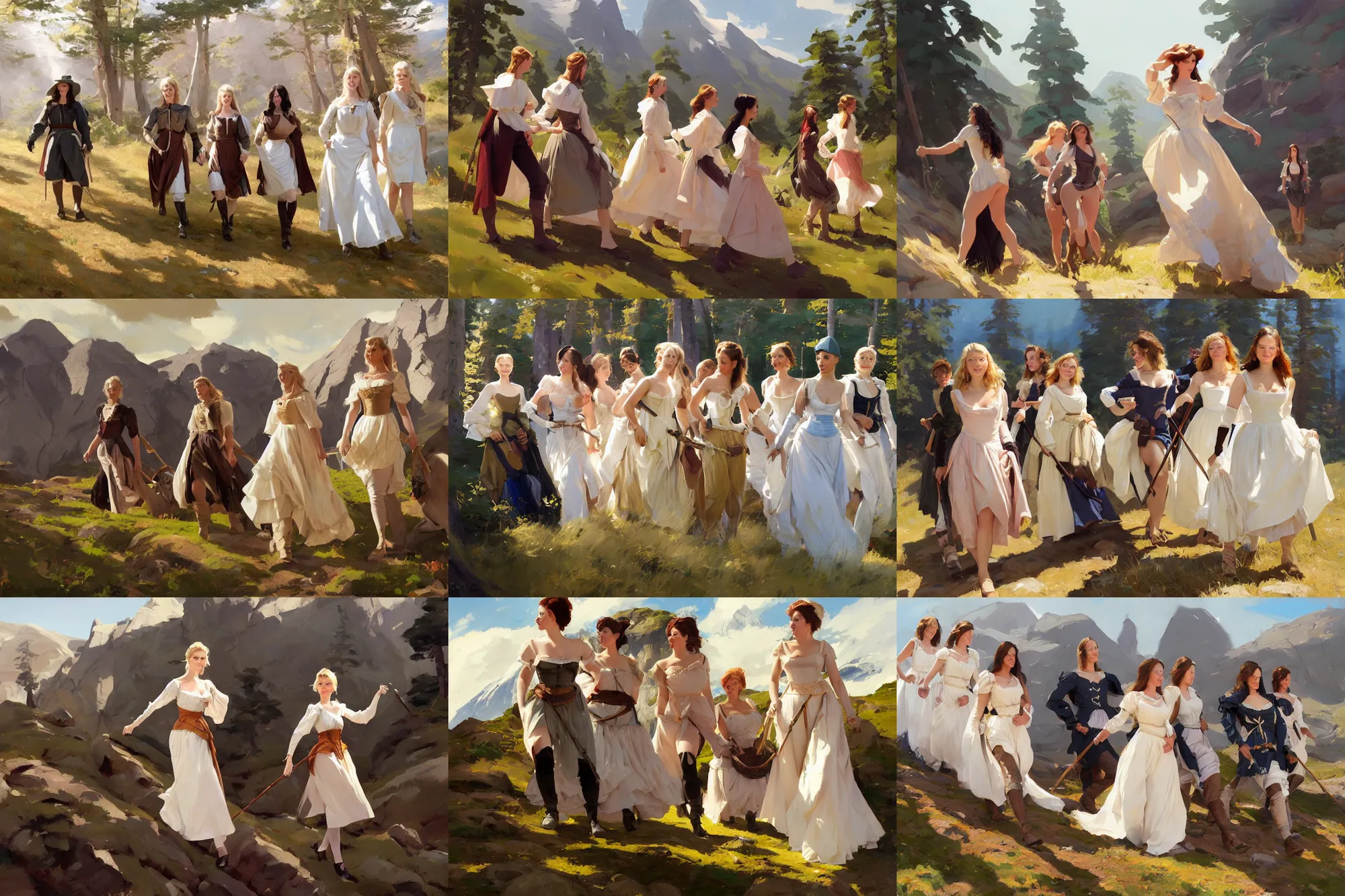 Prompt: a group of finnish norwegian swedish scandinavian attractive glamour models wearing 1 7 th century bodice with low neckline walking at mountains in a sunny day, jodhpurs greg manchess painting by sargent and leyendecker, studio ghibli fantasy medium shot asymmetrical intricate elegant matte painting illustration hearthstone, by greg rutkowski by greg tocchini by james gilleard