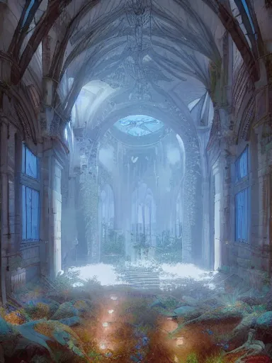 Image similar to interior of an overgrown church, blue color palette, concept art, detailed, intricate complexity, artstation