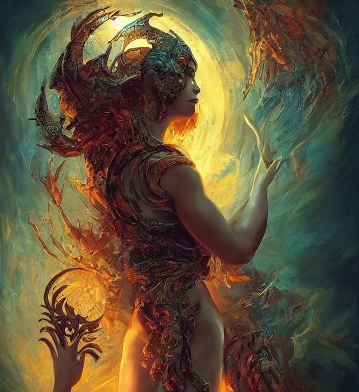 Prompt: a goddess, tarot card, dark souls colour scheme, coherent, kerem beyit, Karol Bak, featured on artstation, instagram HD