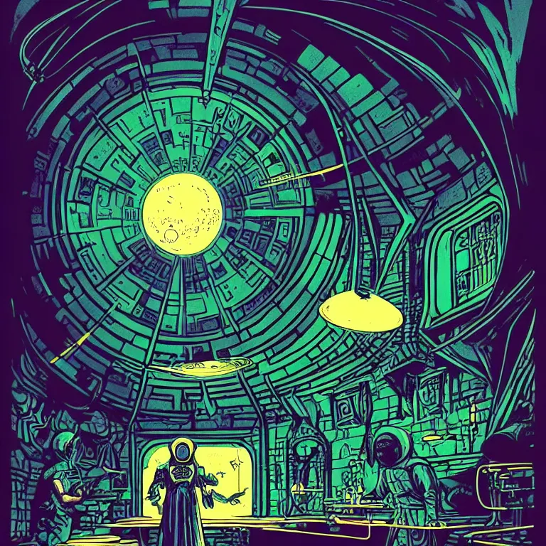 Image similar to ancient alchemist wizards laboratory, ceiling dome outerspace, high details, lineart, by vincent di fate, inking, 3 color screen print, masterpiece, trending on artstation, sharp, high contrast, hyper - detailed, hd, 4 k, 8 k