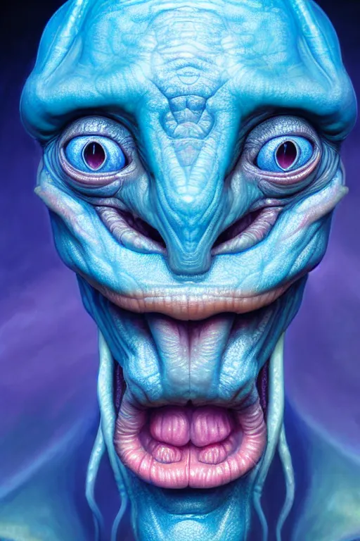 Image similar to hyperrealistic close-up pastel rococo alien! highly detailed concept art eric zener elson peter cinematic hard blue lighting high angle hd 8k sharp shallow depth of field, inspired by David Paul Cronenberg and Zdzisław Beksiński