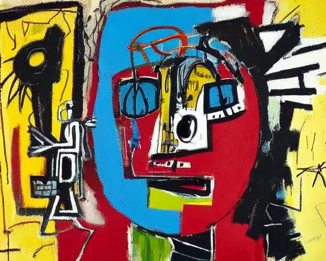 Image similar to painting of a cyborg questioning his reality by graham sutherland, basquiat, neo - expressionism