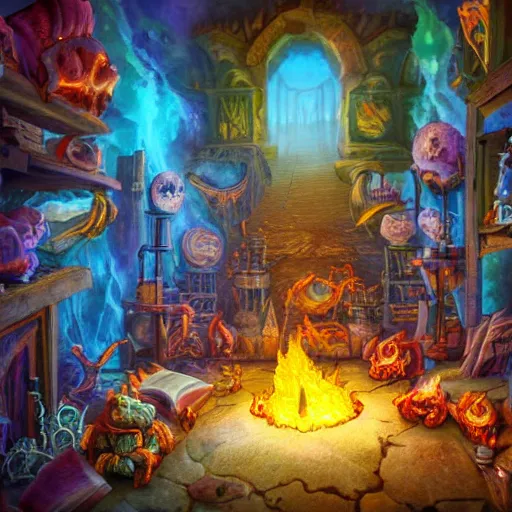 Image similar to these monsters are consumed by fire, yet they remain unharmed. they are surrounded by the tools of the alchemist's trade - beakers and test tubes full of colorful liquids, crystals, and books of ancient knowledge. the scene is suffused with an eerie glow, as if something magical is happening here. by johfra