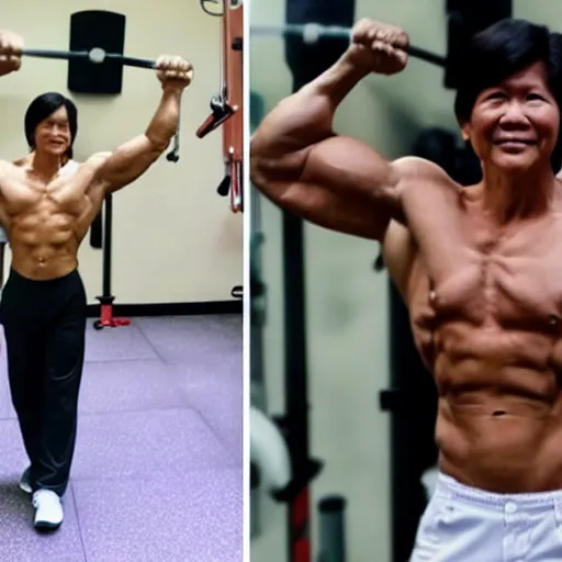 Image similar to bongbong marcos as gigachad flexing at the gym, muscular, on steroids,