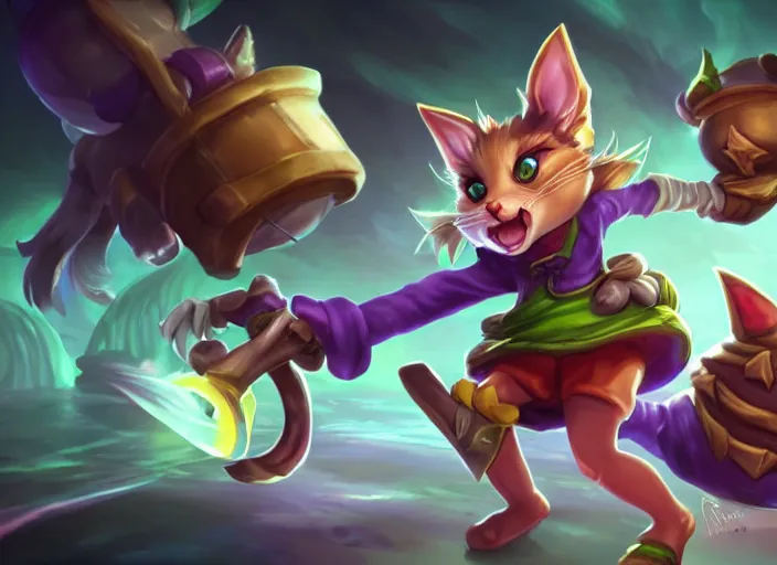 Prompt: champion splashart of cat yordle