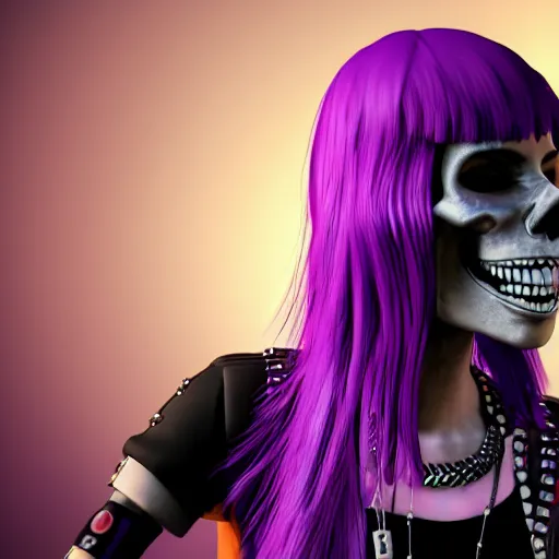 Image similar to high detail unreal engine render of a punk girl with purple emo hair, a skull shirt, and studded arm bands screaming into a microphone in pixar style 4 k