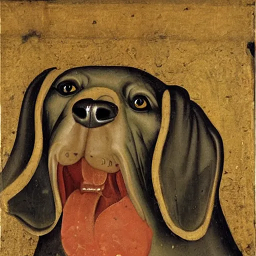 Image similar to medieval painting of the depths of hell see in the opened mouth of a gigantic dachshund,