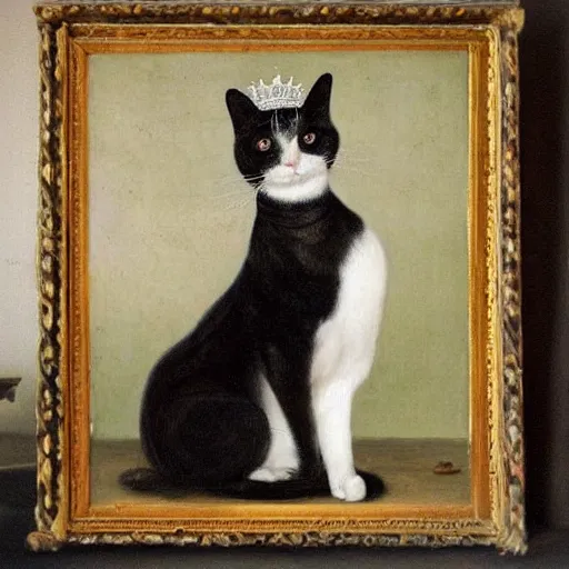 Image similar to renaissance portrait of a black and white cat wearing a crown, in the style of eugene de blaas