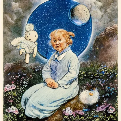 Prompt: celestial talking moon candid portrait, surrounded by clouds, illustrated by peggy fortnum and beatrix potter and sir john tenniel