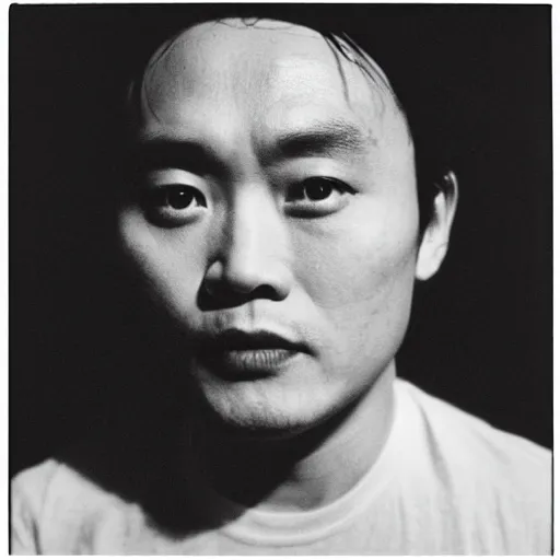 Prompt: photo of Leslie Cheung by Diane Arbus, extreme closeup, black and white, high contrast, Rolleiflex, 55mm f/4 lens