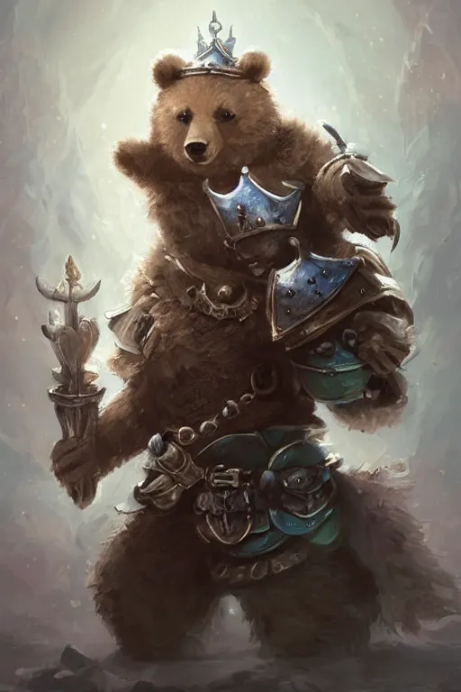 Image similar to cute little anthropomorphic bear knight wearing a cape and a crown, tiny, small, miniature bear, baby animal, short, pale blue armor, cute and adorable, pretty, beautiful, DnD character art portrait, matte fantasy painting, DeviantArt Artstation, by Jason Felix by Steve Argyle by Tyler Jacobson by Peter Mohrbacher, cinematic lighting