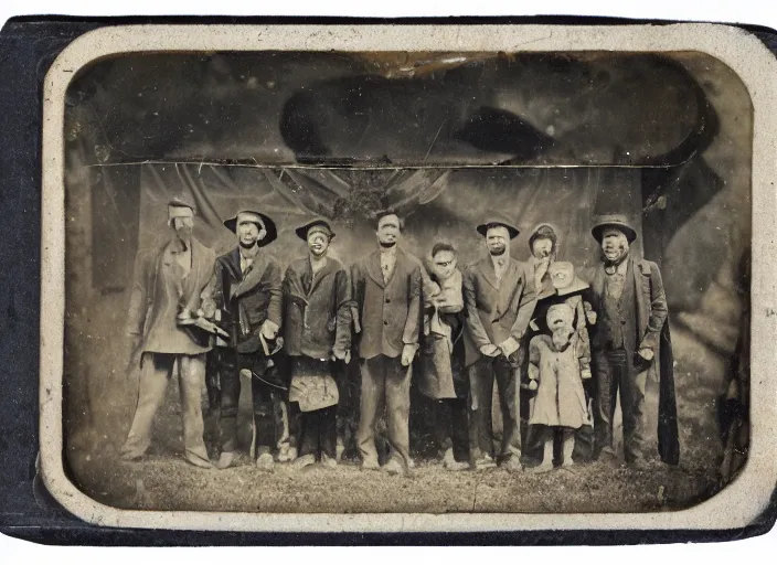 Image similar to a tintype photograph. photo of a group of people in front of the circus of watches, horror a family of monsters