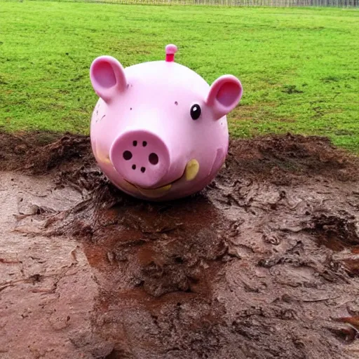 Prompt: peppa pig sitting and crying in a dirty muddy pig sty