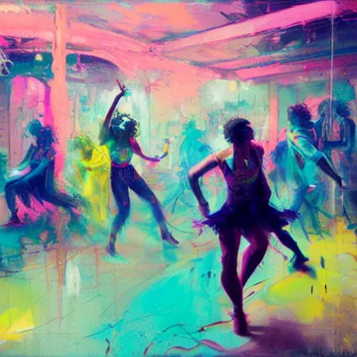 Prompt: portrait of sexy people dancing, ecstatic, intense, techno party, pastel tropical colors, utopia, moody, by by greg rutkowski, by jeremy mann, by francoise nielly