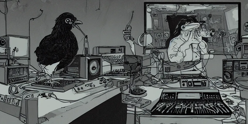 Image similar to 'black chicken'!!! smoking 'cannabis!!!!!!' in front of 'audio console'!!!! and 'multi monitors!!!!!!' in a tv broadcasting studio, artwork by James Gilleard