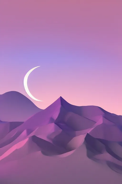 Prompt: geometric 3 d render soft bright pastel mountains with a crescent moon