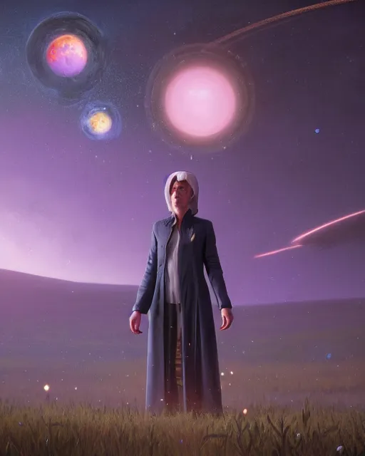 Prompt: highly detailed surreal vfx portrait of a futuristic mage in a rural farm with planets in background, stephen bliss, unreal engine, greg rutkowski, loish, rhads, beeple, makoto shinkai and lois van baarle, ilya kuvshinov, rossdraws, tom bagshaw, alphonse mucha, global illumination, detailed and intricate environment