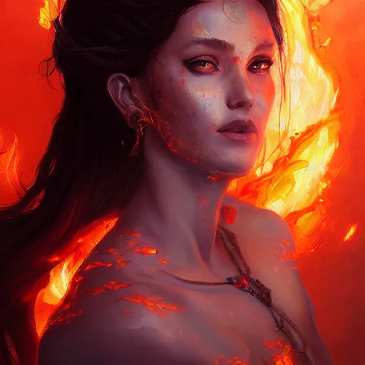 Image similar to a beautiful portrait of a fire goddess, flaming background, a detailed painting by greg rutkowski and raymond swanland, featured on cgsociety, fantasy art, detailed painting, artstation hd, photorealistic