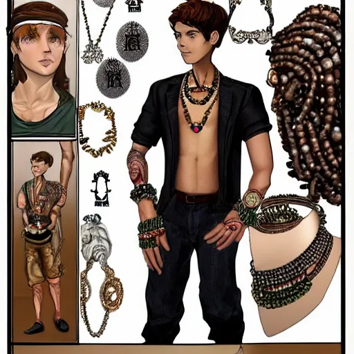 Image similar to a character model sheet of a very handsome young man wearing excessive jewelry in a stylish and cool way