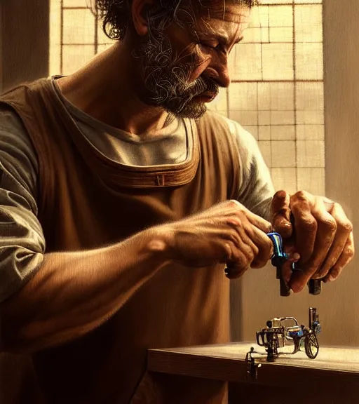 Image similar to portrait of a man building a machine, intense emotion, detailed facial expression, detailed surroundings, intricate, elegant, highly detailed, centered, digital painting, artstation, concept art, smooth, sharp focus, illustration, by ( leonardo da vinci ), wlop