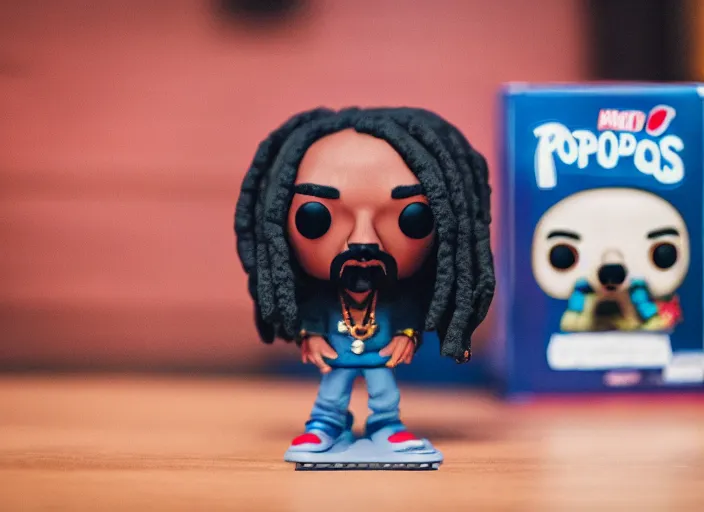 Image similar to product still of Snoop Dogg funko pop with box, 85mm f1.8