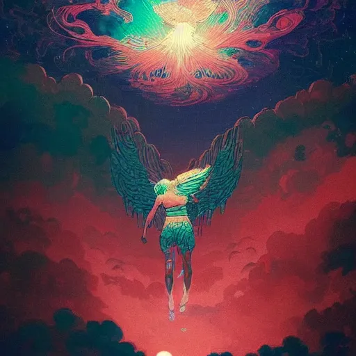 Prompt: an angel falling in jupiter's clouds, epic scene, by victo ngai, kilian eng vibrant colours, dynamic lighting, digital art, winning award masterpiece, fantastically beautiful, illustration, aesthetically inspired by beksinski and dan mumford, trending on artstation, art by greg rutkowski,