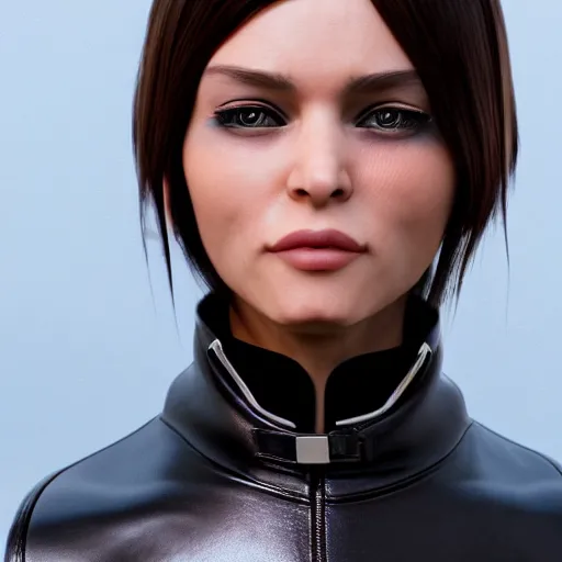 Image similar to a portrait of a female wearing a skintight leather jacket, trending on artstation, artstationhd, artstationhq, full body shot, cycles render, octane render, unreal engine, vray