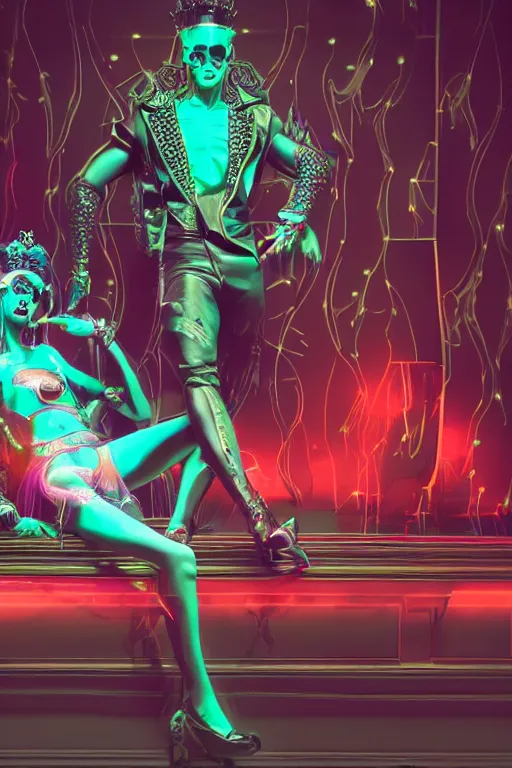 Image similar to full-body rococo and cyberpunk style neon statue of a muscular attractive Cubano sim roupa macho dotado e rico android sim roupa reclining con las piernas abiertas e la piroca dura e afuera, glowing red laser eyes, prince crown of red gears, diamonds, swirling black-colored silk fabric. futuristic elements. full-length view. aggressive space robots. giant balloon animals. human skulls. intricate artwork by caravaggio. Trending on artstation, octane render, cinematic lighting from the right, hyper realism, octane render, 8k, depth of field, 3D