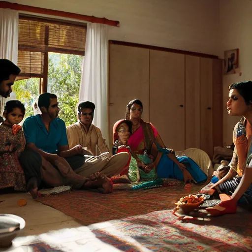 Image similar to a cinematic photograph of an Indian family inside their suburban house, by Gregory Crewdson, shot on phase one large format digital camera, natural lighting, 8K,