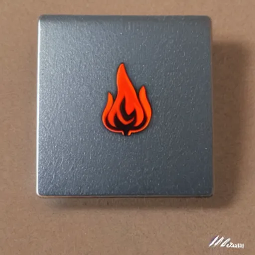 Image similar to a diamond enamel pin of a retro minimalistic fire flames warning label, smooth curves