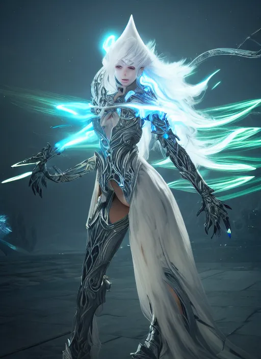 Image similar to photo of a sorceress near mage tower, warframe armor, cyborg, magical dress, fantasy, white hair, trees, village far away, stunning effects, interesting angle, glow, sharp focus, 8 k high definition, insanely detailed, intricate, intelligent, art by akihiko yoshida and shirotaka