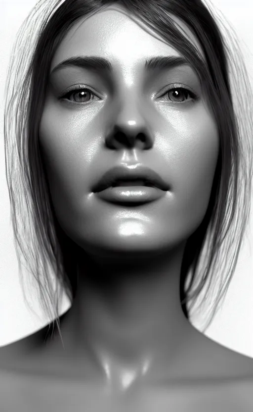 Image similar to complex 3d render of a beautiful face, beautiful natural soft light, rim light, elegant, highly detailed, octane render, black and white, Kandinsky style